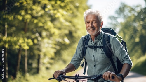 Active senior man cycling outdoors on a road in nature. Travel cycling activity during their active retirement. © Oulaphone