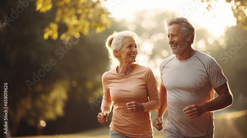 Happy mature senior couple running together in the park, Jogging slimming exercises. Workout activity during their active retirement. photo