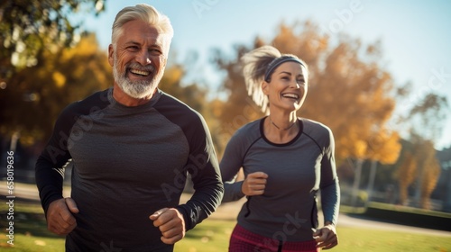 Happy mature senior couple running together in the park, Jogging slimming exercises. Workout activity during their active retirement.