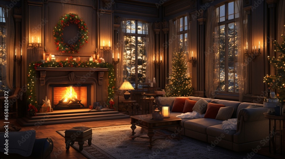 A cozy living room adorned with twinkling Christmas lights, a beautifully decorated tree, and a crackling fireplace, all in a warm holiday ambiance.