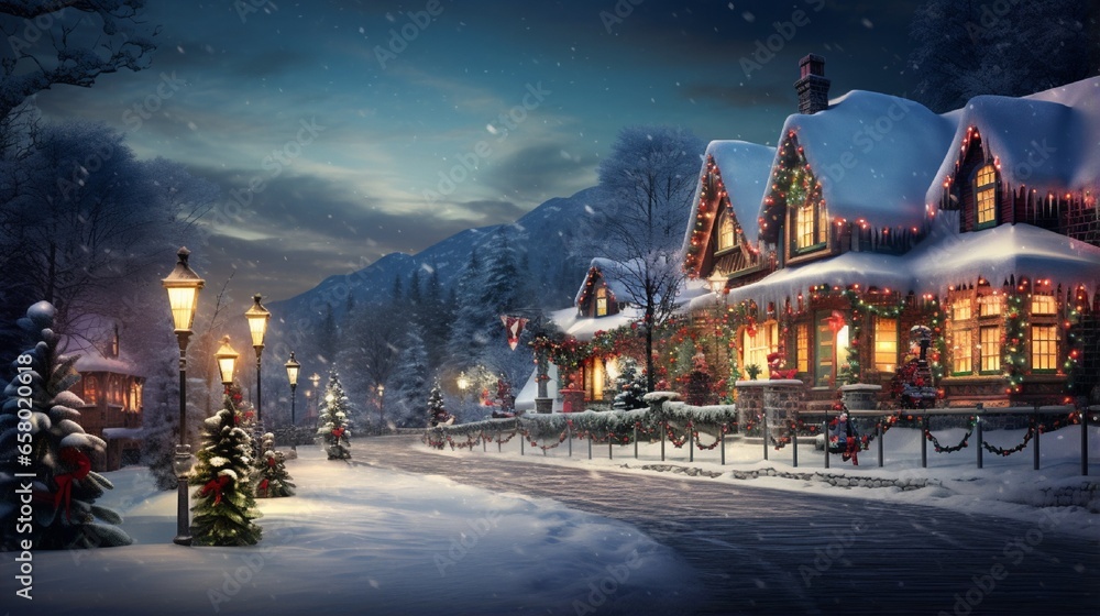 A Photograph capturing the enchanting glow of a snowy Christmas village as vibrant crimson, emerald, and gold lights twinkle against the night sky .