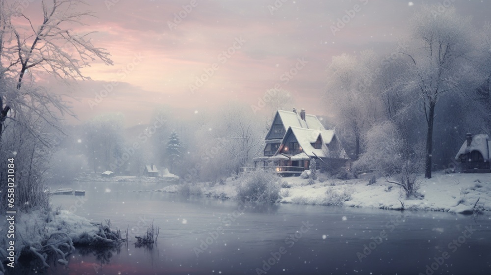 A Photograph capturing the serene beauty of a winter landscape at dusk, with a soft palette of pastel hues embracing a snow-covered village .