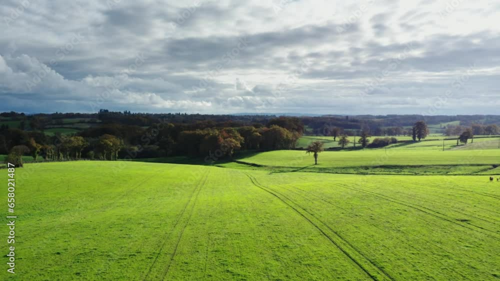Cinematic aerial shot of France landscape, trees, roads and villages. Cinematic aerial shot of France landscape, trees, roads and villages.