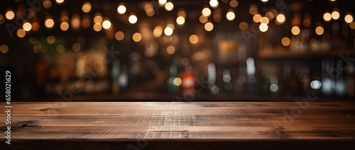 Blurred wooden interior. Cozy cafe scene with empty table. Abstract wood and light. Background for modern dining. Bokeh magic. Blurry ambiance. Retro restaurant. Vintage and decor