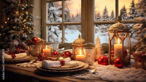 A Photograph that captures the warmth of Christmas: Soft, golden light filters through a snowy window, illuminating a festive table set with vibrant reds and greens .