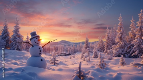 A picturesque winter wonderland with children joyfully building a snowman, surrounded by snow-covered trees and a brilliant sunset casting a warm glow.