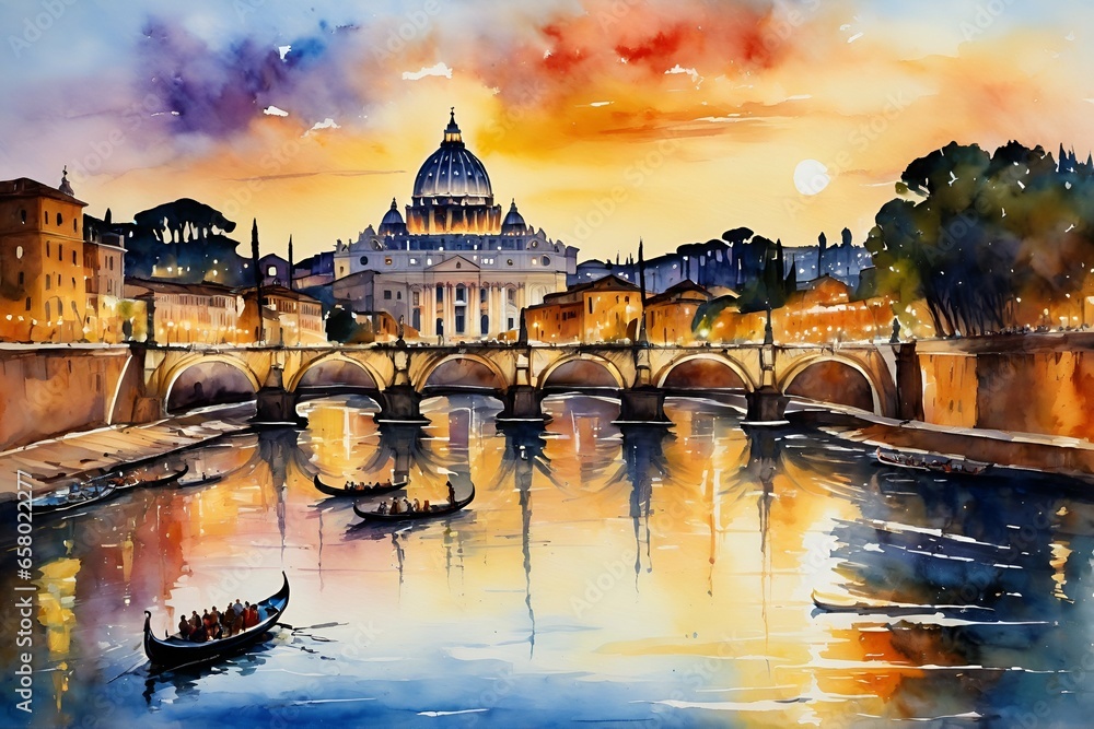 St. Peter's Cathedral and Tiber River in Rome Watercolor and Oil on Canvas Artwork
