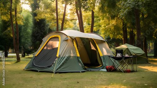 camping tent in the yard with trees in the background