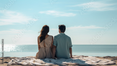 couple on the beach, relaxing on picnic blanket, watching the horizon