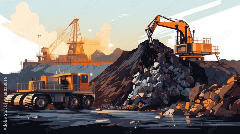 Coal is loaded onto trucks by mining machines that are operated during mining. - obrazy, fototapety, plakaty 