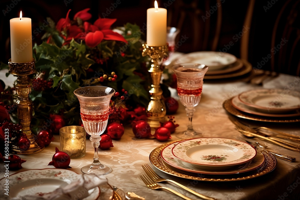 Fototapeta premium Christmas table setting with candles, Capturing the Elegance: Exquisite Christmas Dinner Table Settings with Festive Decor, Delicious Dishes, and Warm Candlelight, Christmas.