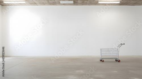 shopping cart on empty white wall background photo