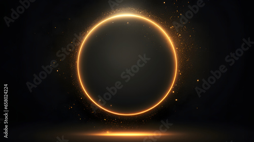 shiny and glowing golden ring flying on dark background with golden glitter sparkle