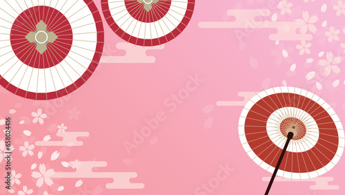 和傘と霞と桜がモチーフの和柄のキュートなおめでたい背景フレームイラスト