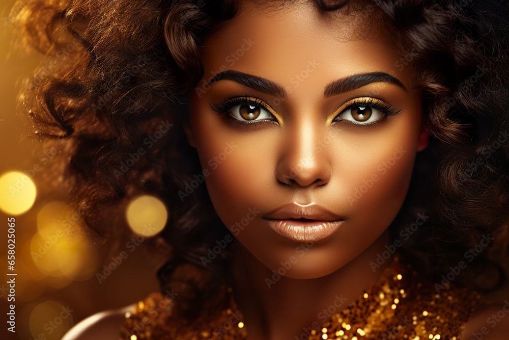 Close-up portrait of African American woman in gold on a golden sparkling background Close-up portrait of African American woman in gold on a golden sparkling background