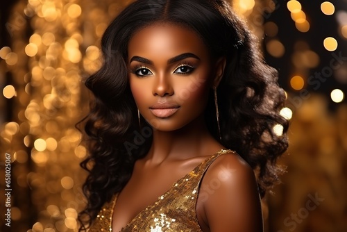 Close-up portrait of African American woman in gold on a golden sparkling background