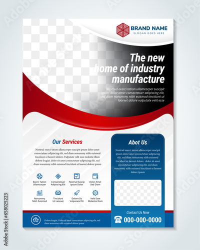 the new home of industry manufacture flyer template. production company poster leaflet design. vertical layout design template. space for photo, editable brochure, cover, print ready. blue and red