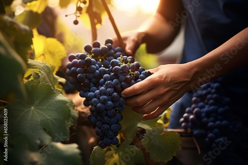 Generative AI young woman farmer vintner harvests red grapes. Vineyard at sunset in autumn. Ripe delicious grapes. The concept of harvesting and small business. Hands close-up.