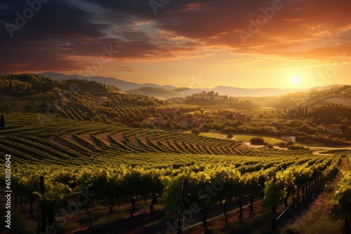 Generative AI Vineyards at sunset. The concept of agriculture and winemaking. Beautiful natural view of the green rows of vineyards from the ground. Orange dawn sky with clouds.