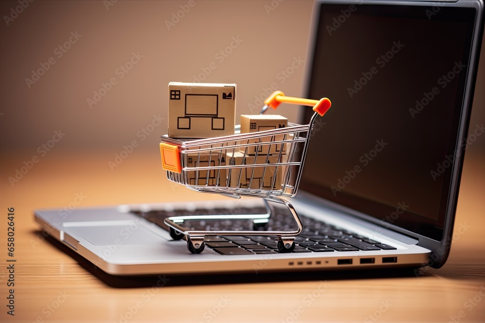 laptop on table. Online shopping. Adding to cart in digital marketplace. E commerce delight. World of products at fingertips. Retail therapy. Exploring virtual store. Fast and convenient