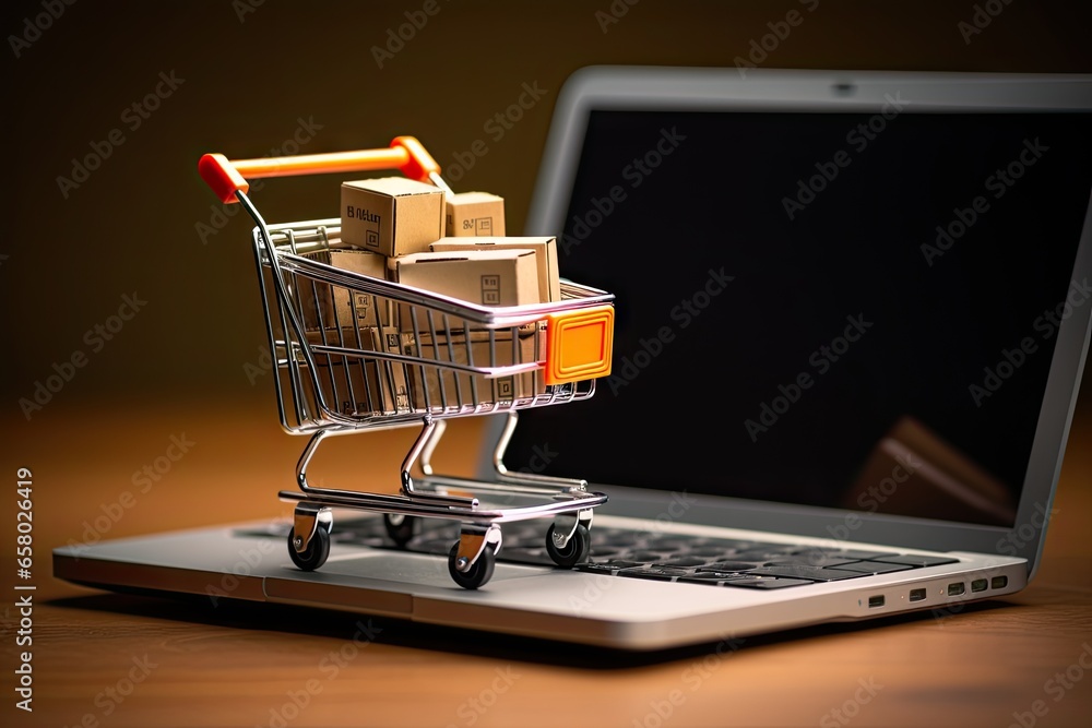 laptop on table. Online shopping. Adding to cart in digital marketplace. E commerce delight. World of products at fingertips. Retail therapy. Exploring virtual store. Fast and convenient