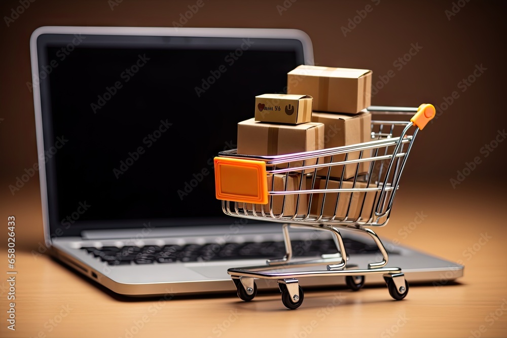 laptop on table. Online shopping. Adding to cart in digital marketplace. E commerce delight. World of products at fingertips. Retail therapy. Exploring virtual store. Fast and convenient laptop on table. Online shopping. Adding to cart in digital marketplace. E commerce delight. World of products at fingertips. Retail therapy. Exploring virtual store. Fast and convenient