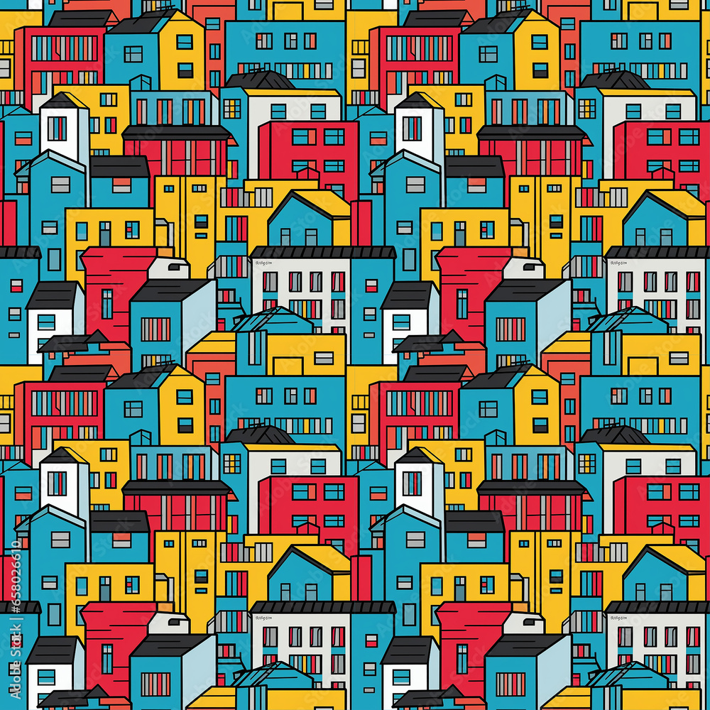 Popart houses seamless pattern