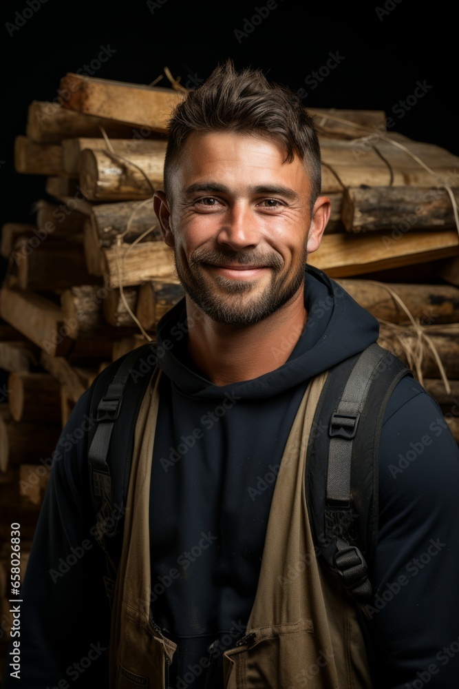 Obraz premium Young man carrying a stack of wooden planks and building materials at a construction site, Generative AI