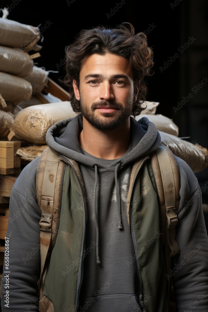 Young man carrying a stack of wooden planks and building materials at a construction site, Generative AI Young man carrying a stack of wooden planks and building materials at a construction site, Generative AI