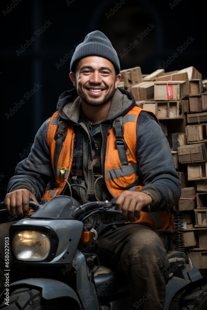 Young man in a forklift vehicle moving pallets of bricks and building supplies at a construction yard, Generative AI Young man in a forklift vehicle moving pallets of bricks and building supplies at a construction yard, Generative AI
