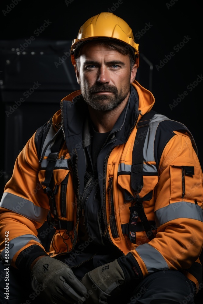 Young man in a hard hat and safety vest operating heavy machinery at a construction site, Generative AI Young man in a hard hat and safety vest operating heavy machinery at a construction site, Generative AI