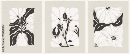 Flower Market poster, print Set. Trendy abstract botanical wall arts with floral design in earth tone colors. Modern naive groovy funky interior decorations, paintings. Vector art illustration.