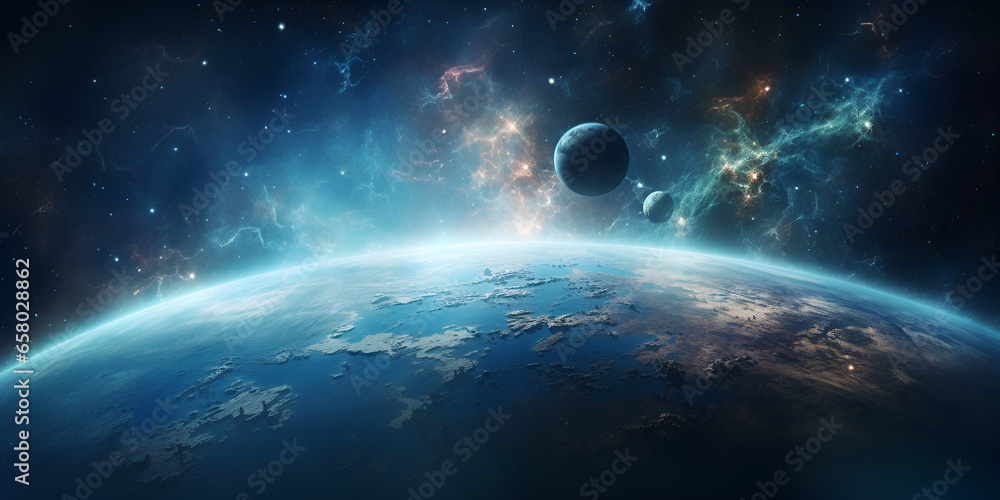  incredibly beautiful planets, galaxies, dark and cold beauty of endless universe. Space art, Cosmic landscape, beautiful science fiction , Planets, glowing stars and asteroids. generative Ai