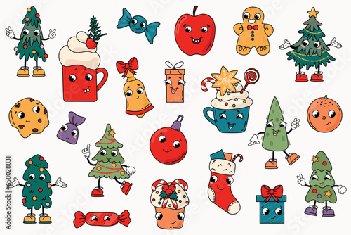 Retro Christmas Kawaii. A cute set of Christmas illustrations. White background, isolate.	