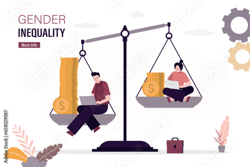 Gender gap and pay inequality. Discrimination, sexual inequality. Sexism, business man and woman sitting on an unbalanced scales. Human rights problems, social issues.