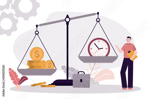 Unbalanced scales with hours and golden coins. Businessman searching balance between money and given time. Time management,