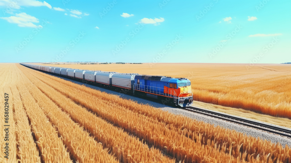 Railway train with wagons during the transportation of wheat and grain close-up, next to a wheat field and blue sky, top view, at the conclusion of a grain trade deal.