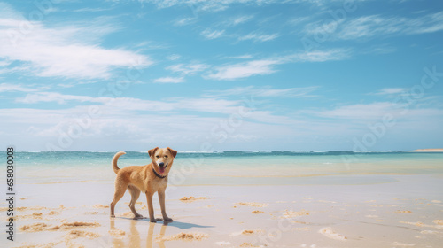 A happy dog runs along the sandy ocean shore and splashes with water. Vacation time, rest and relaxation concept.