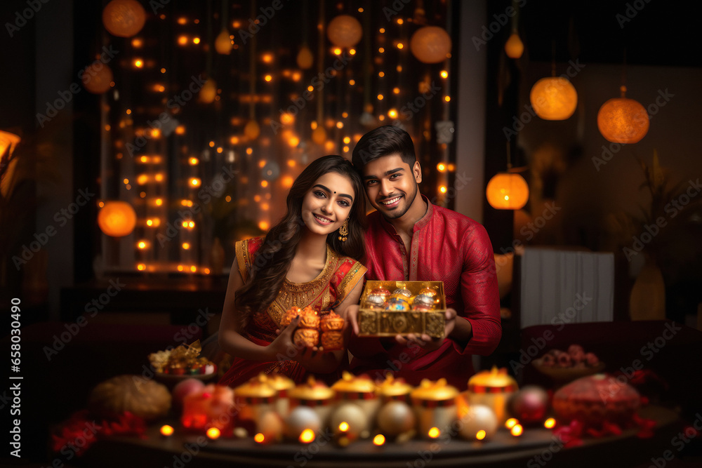 Indian man and woman celebrating diwali festival together at home Indian man and woman celebrating diwali festival together at home
