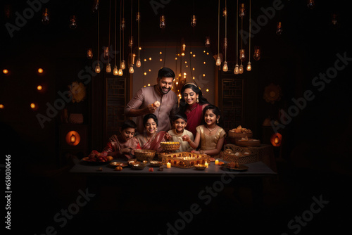 Indian family celebrating diwali festival. photo