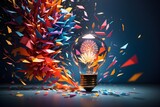 Witness the birth of ideas in a dazzling display! A light bulb explodes into vibrant colors, each shard representing a unique concept. Spark your imagination with this dynamic artwork.