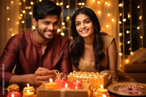 Indian man and woman celebrating diwali festival together at home