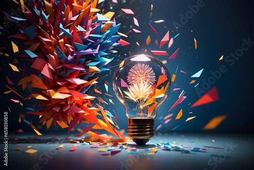 Witness the birth of ideas in a dazzling display! A light bulb explodes into vibrant colors, each shard representing a unique concept. Spark your imagination with this dynamic artwork. photo