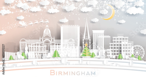 Birmingham UK. Winter City Skyline in Paper Cut Style with Snowflakes, Moon and Neon Garland. Christmas and New Year Concept. Birmingham Cityscape with Landmarks.