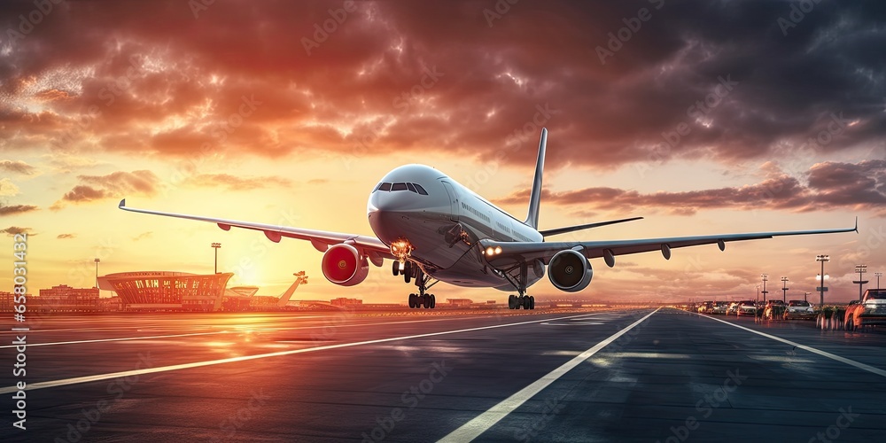 Sunset departure. Modern airplane taking off at airport. Aviation adventure. Jet plane ready for takeoff. Passenger flight at sunrise. Business travel. Airliner on runway