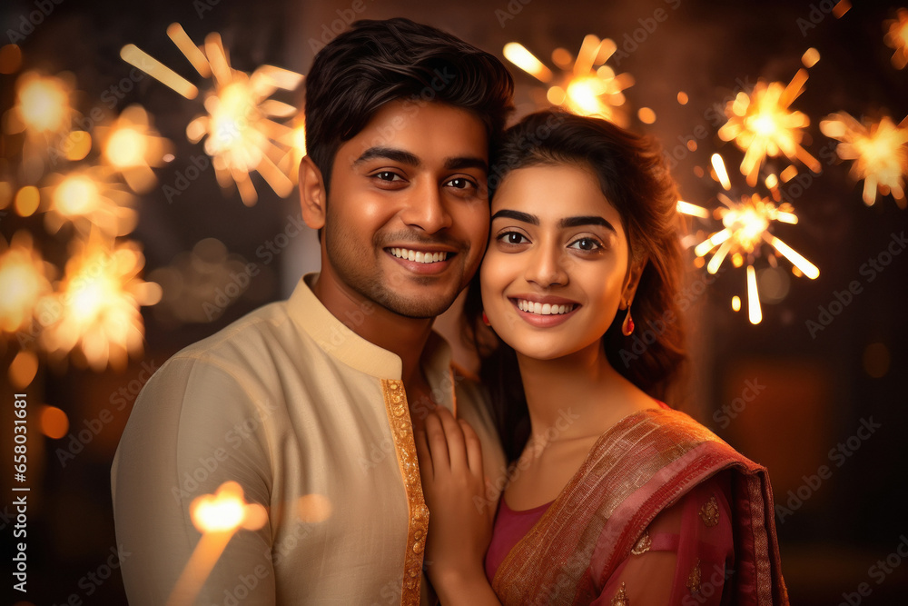Young indian couple celebrating diwali festival at home Young indian couple celebrating diwali festival at home