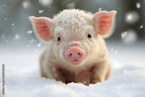 a cute pig playing in the snow © Yoshimura