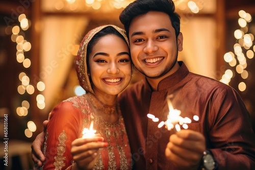 Young indian muslim couple celebrating diwali festival.