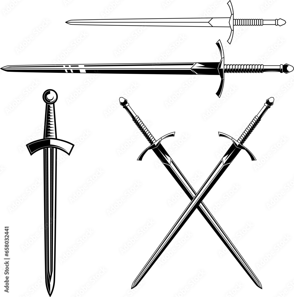 Set of illustrations of knights swords. Design element for emblems ...
