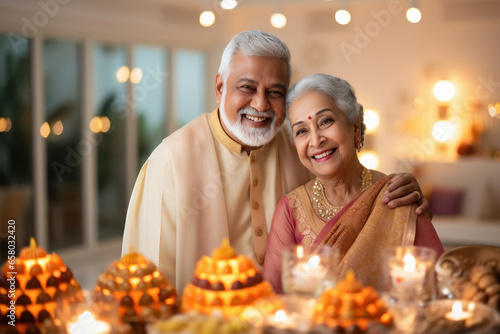 Indian senior couple celebrating diwali festival